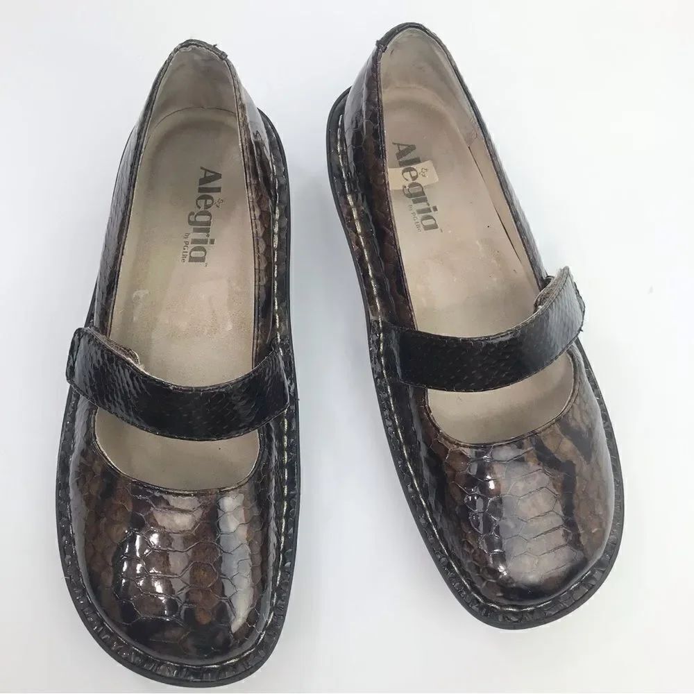 Alegria FELIZ 713 Brown Patent Leather Snakeskin Print Mary Jane Support Shoes